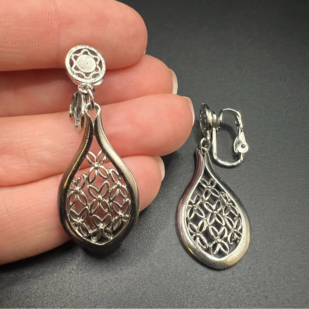 Silver Tone Tear Drop Dangle Clip On Earrings